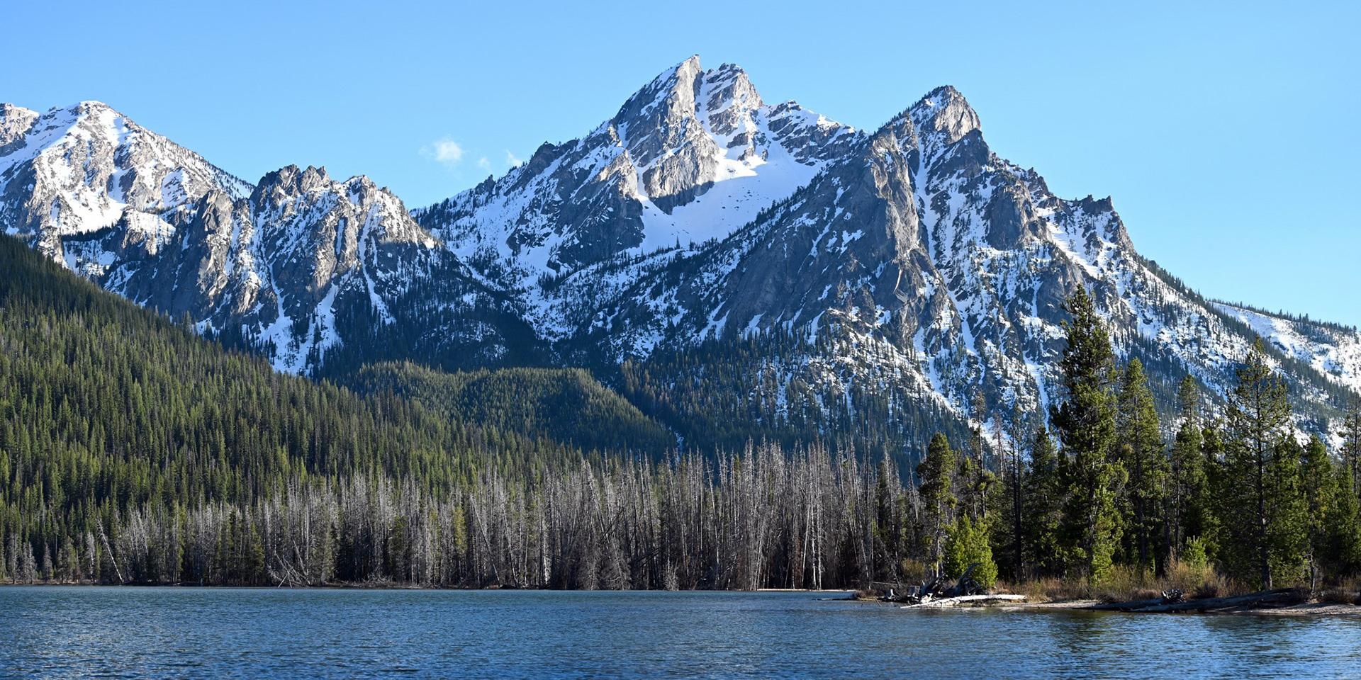 Large lake in foreground with snow-covered mountain peaks and vibrant green forest trees in the background with blue sky and some clouds.
