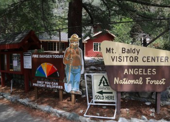 Mt. Baldy Visitor Center sign next to Smokey Bear fire danger sign and trees by the red visitor center building.